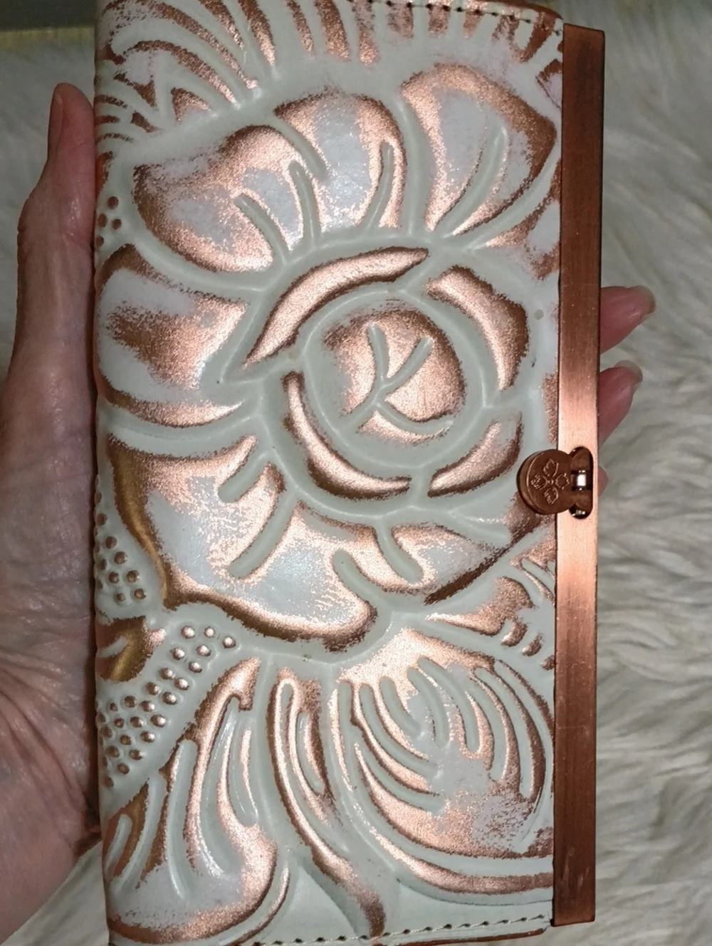 Leather embossed Floral Wallet copper Rose Gold Patricia Nash